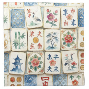 Mahjong Chinoiserie Tiles Watercolor Flowers Birds Cloth Napkin