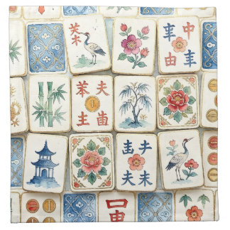 Mahjong Chinoiserie Tiles Watercolor Flowers Birds Cloth Napkin