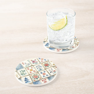 Mahjong Chinoiserie Tiles Watercolor Flowers Birds Coaster