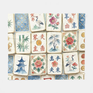 Mahjong Chinoiserie Tiles Watercolor Flowers Birds Fleece Blanket