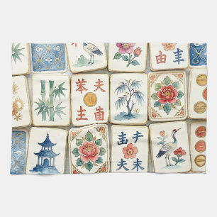 Mahjong Chinoiserie Tiles Watercolor Flowers Birds Kitchen Towel