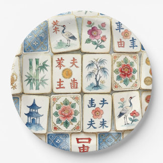 Mahjong Chinoiserie Tiles Watercolor Flowers Birds Paper Plates