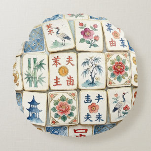 Mahjong Chinoiserie Tiles Watercolor Flowers Birds Round Pillow