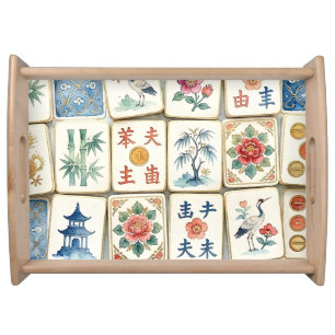 Mahjong Chinoiserie Tiles Watercolor Flowers Birds Serving Tray