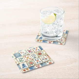 Mahjong Chinoiserie Tiles Watercolor Flowers Birds Square Paper Coaster