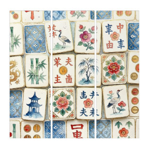 Mahjong Chinoiserie Tiles Watercolor Flowers Birds Triptych