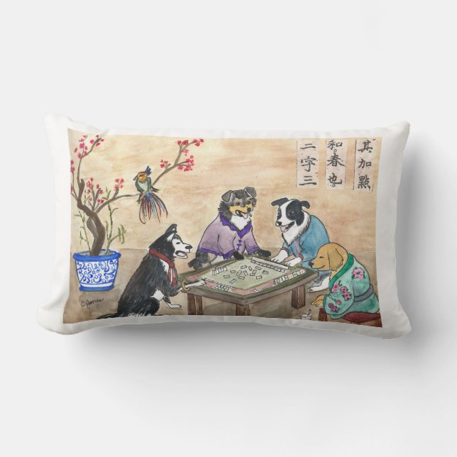 Mahjong Dogs - yellow Lumbar Pillow (Front)