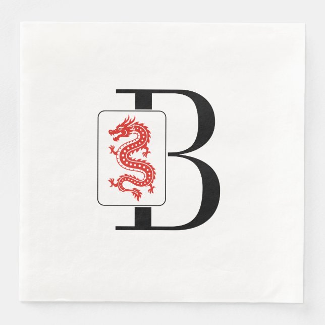 Mahjong Dragon Tile Over Single Initial Monogram Paper Dinner Napkins (Front)