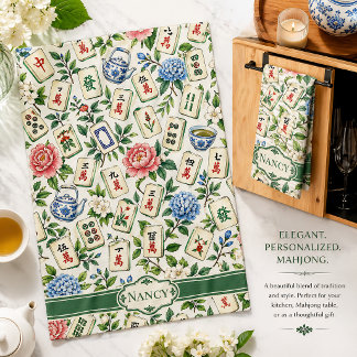 Mahjong Floral Tea Towel Personalized Hostess Gift