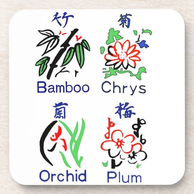 Mahjong Flower Suits,Blue,Red,Green,Black on White Beverage Coaster (Front)