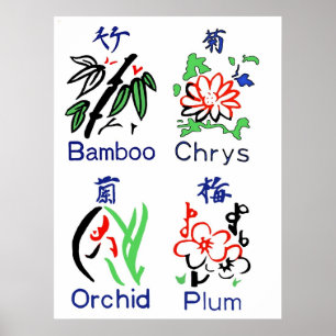 Mahjong Flower Suits,Blue,Red,Green,Black on White Poster