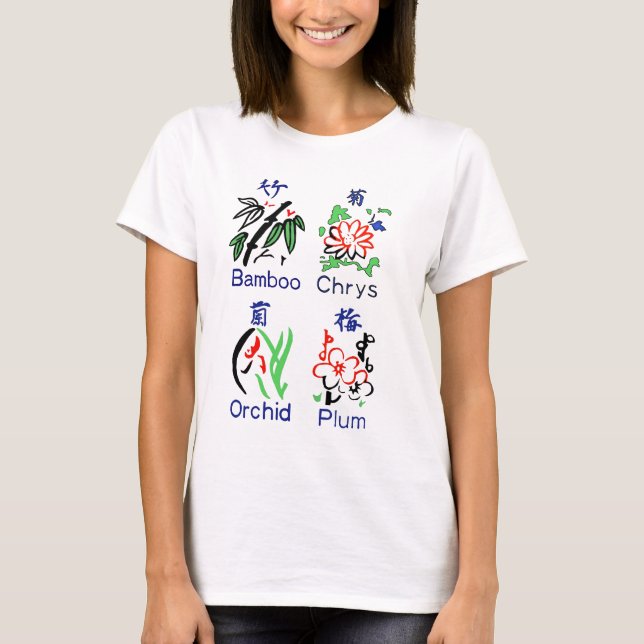 Mahjong Flower Suits,Blue,Red,Green,Black on White T-Shirt (Front)