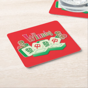 Mahjong Game Night Lucky Winning Tiles Square Paper Coaster
