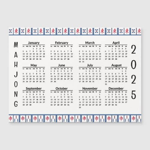 Mahjong Game Tiles 2025 Calendar Magnetic Card