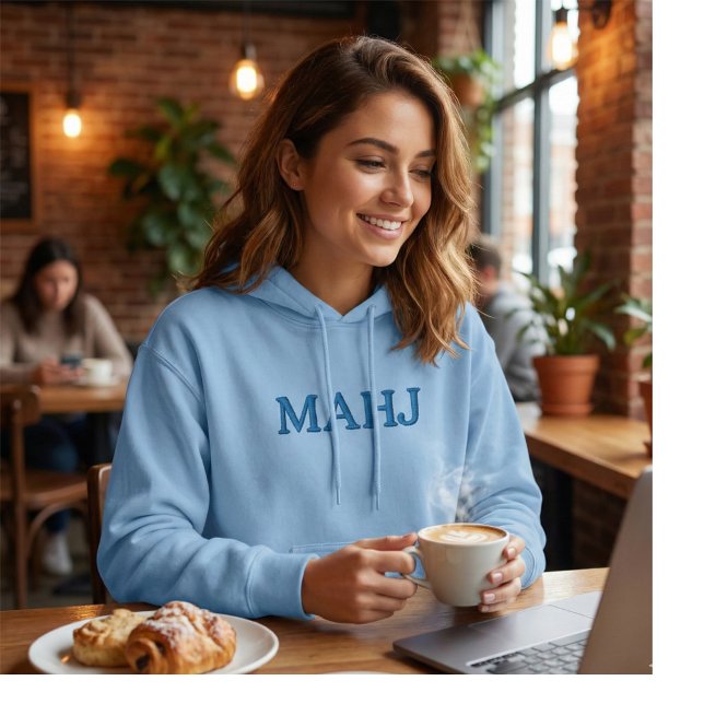Mahjong Mahj Lover Bold Typography Simple Blue Embroidered Hoodie (Creator Uploaded)