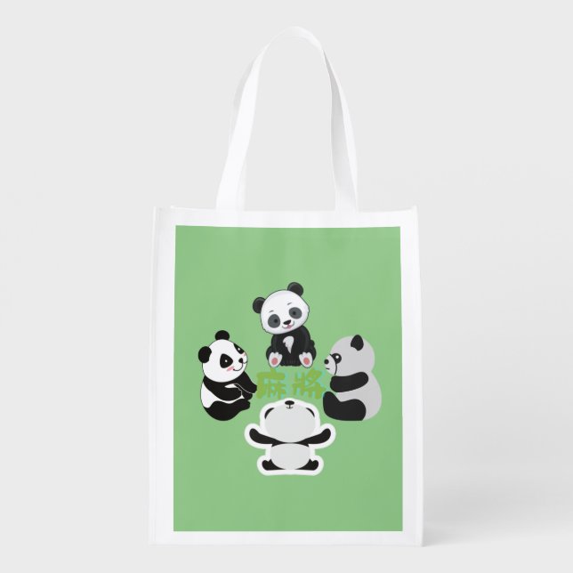 Mahjong Panda Cute Funny Reusable Grocery Bag (Back)