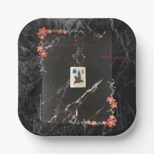 Mahjong paper plates with marble and floral design