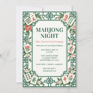 Mahjong Party Green Floral Tile Border Game Night Invitation