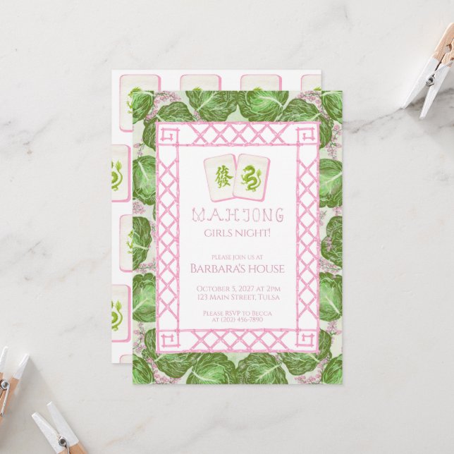 Mahjong Party Invitation, Cabbage and Pink Invitation (Front/Back In Situ)