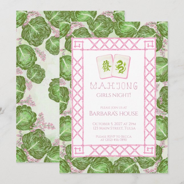 Mahjong Party Invitation, Cabbage and Pink Invitation (Front/Back)
