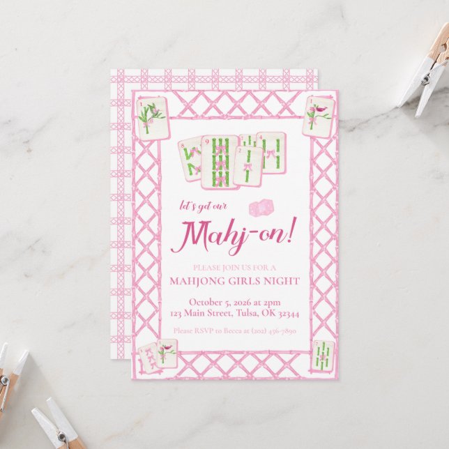 Mahjong Party Invitation, Pink Green Coquette (Front/Back In Situ)