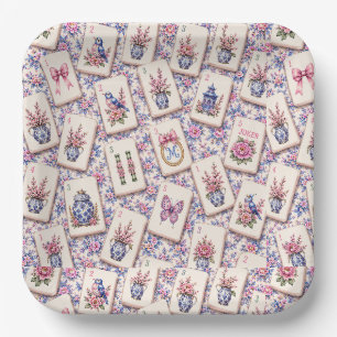 Mahjong Pink And Blue Tiles Paper Plates