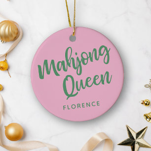 Mahjong Queen Personalized Name Pink and Green Ceramic Ornament