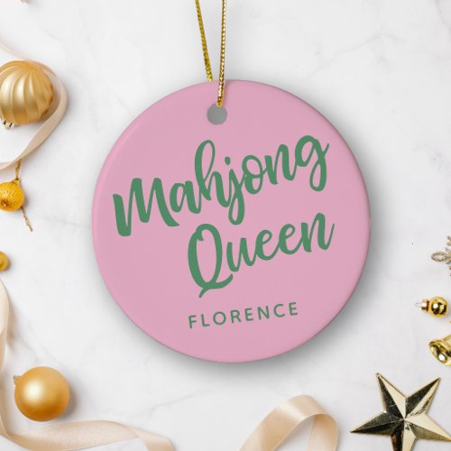 Mahjong Queen Personalized Name Pink and Green Ceramic Ornament