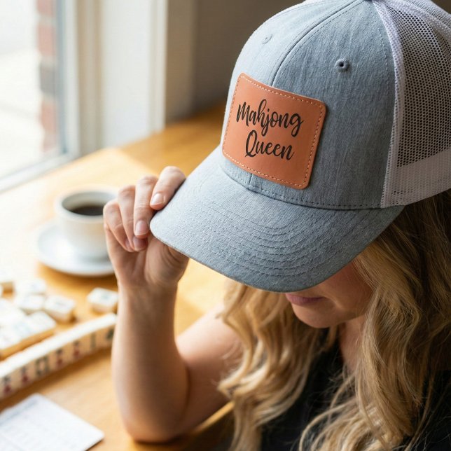 Mahjong Queen Retro Script Game Night Aesthetic Leather Patch Hat (Creator Uploaded)