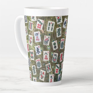 Mahjong symbols on peacock plumage background latte mug
