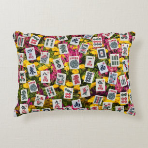 Mahjong symbols on wildflowers background accent pillow