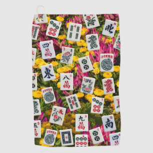 Mahjong symbols on wildflowers background golf towel