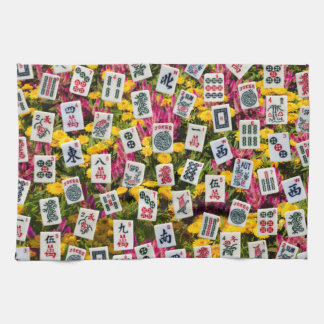 Mahjong symbols on wildflowers background kitchen towel