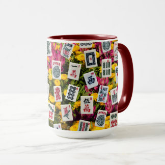 Mahjong symbols on wildflowers background mug