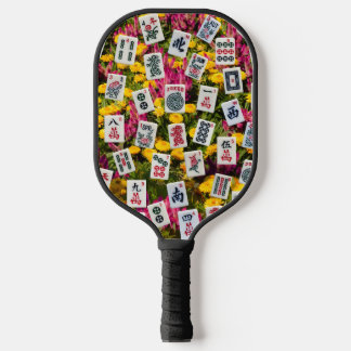 Mahjong symbols on wildflowers background pickleball paddle