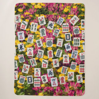 Mahjong symbols on wildflowers background sherpa blanket