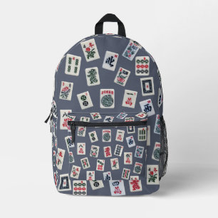 Mahjong symbols tiles on dark blue printed backpack