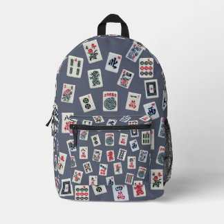 Mahjong symbols tiles on dark blue printed backpack