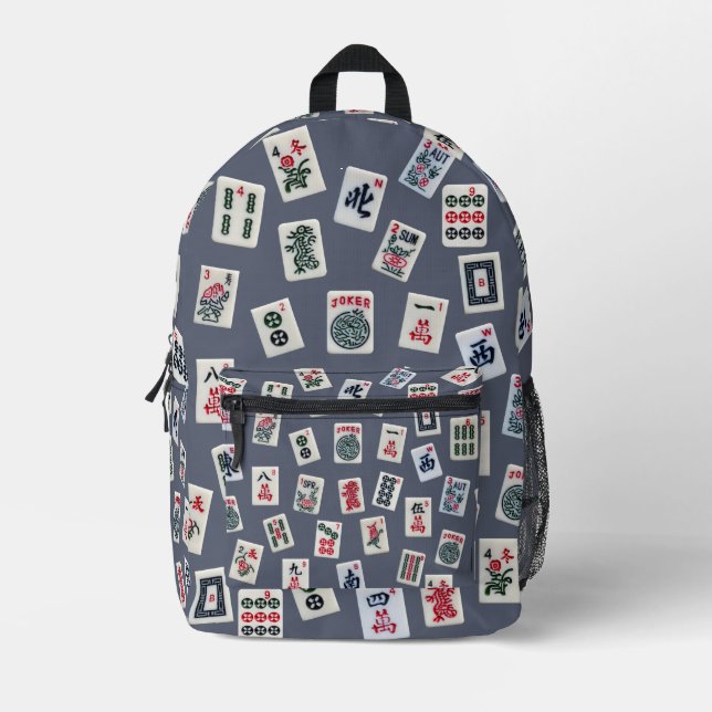 Mahjong symbols tiles on dark blue printed backpack (Front)
