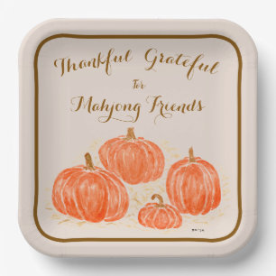 Mahjong Thankful Grateful Watercolor Pumpkins Paper Plates