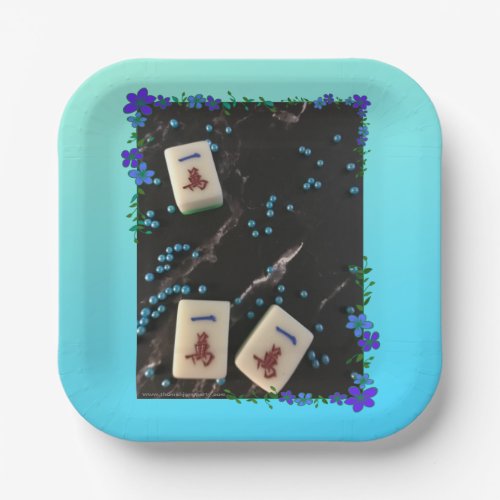 Mahjong themed paper plate with blue floral design