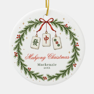 Mahjong Tile Classic Wreath Christmas Ceramic Ornament