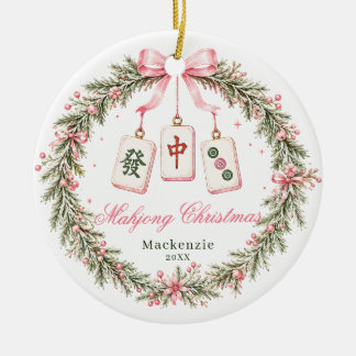 Mahjong Tile Wreath Christmas Ceramic Ornament