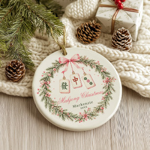 Mahjong Tile Wreath Christmas Ceramic Ornament