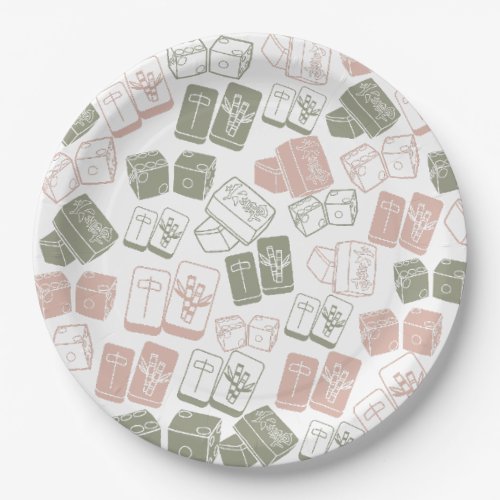 Mahjong tiles and dice in pink and khaki paper plates
