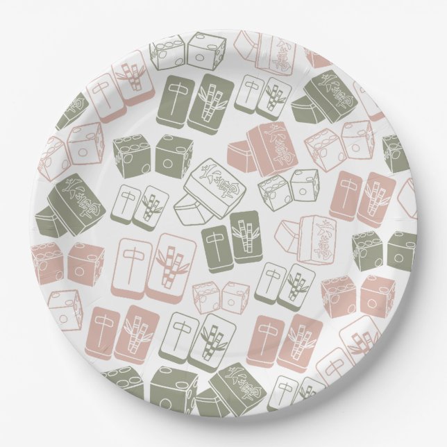 Mahjong tiles and dice in pink and khaki paper plates (Front)