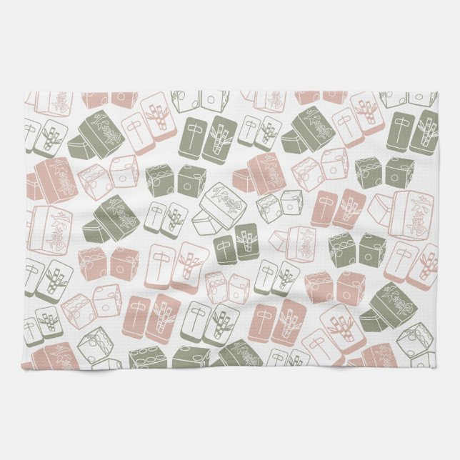 Mahjong tiles and dice pink and green kitchen towel (Horizontal)