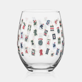 MahJong tiles and symbols patterns Stemless Wine Glass