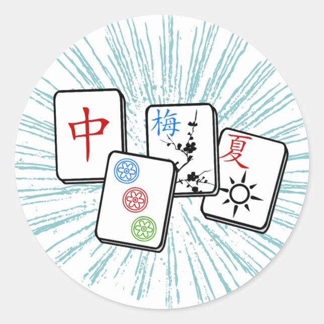 Mahjong Tiles Blue Classic Round Sticker (Front)