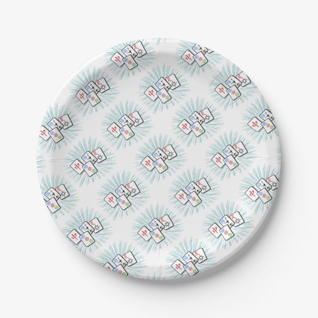 Mahjong Tiles Blue Paper Plates (Front)